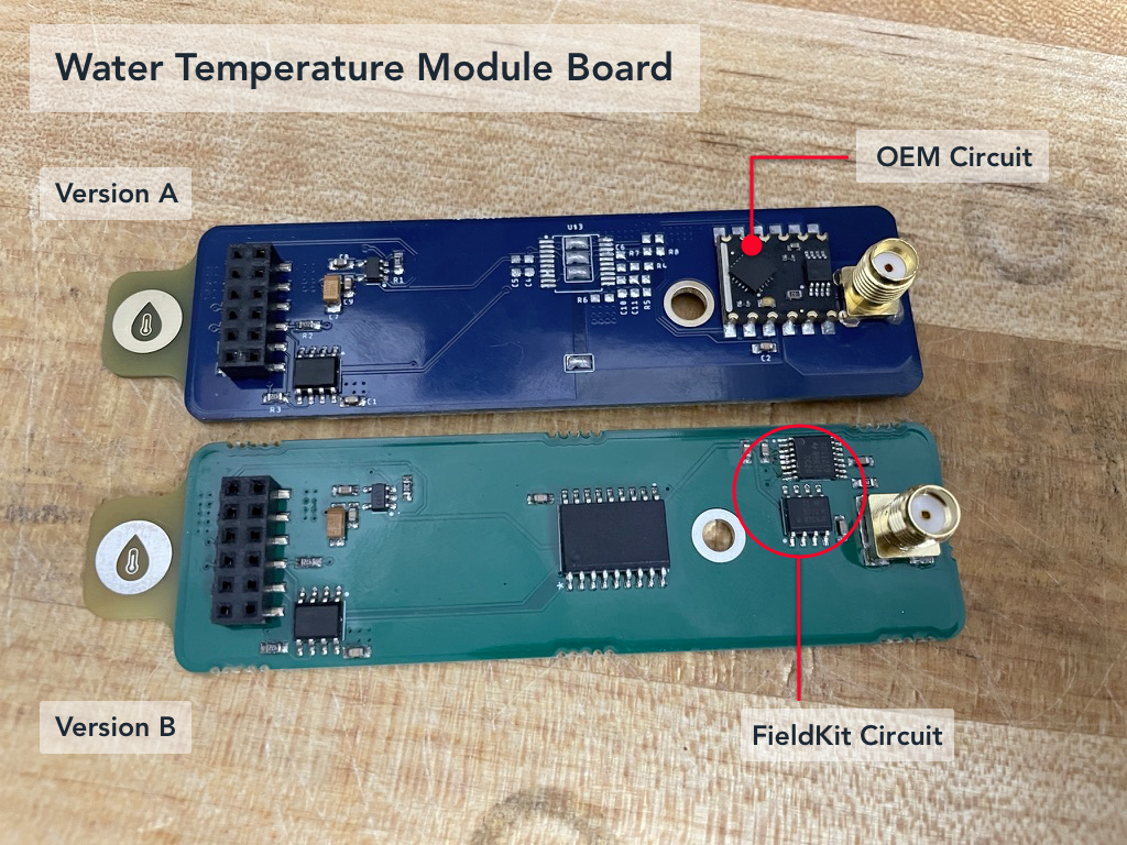 Water Temperature Module Boards Versions A and B, with circuits labeled