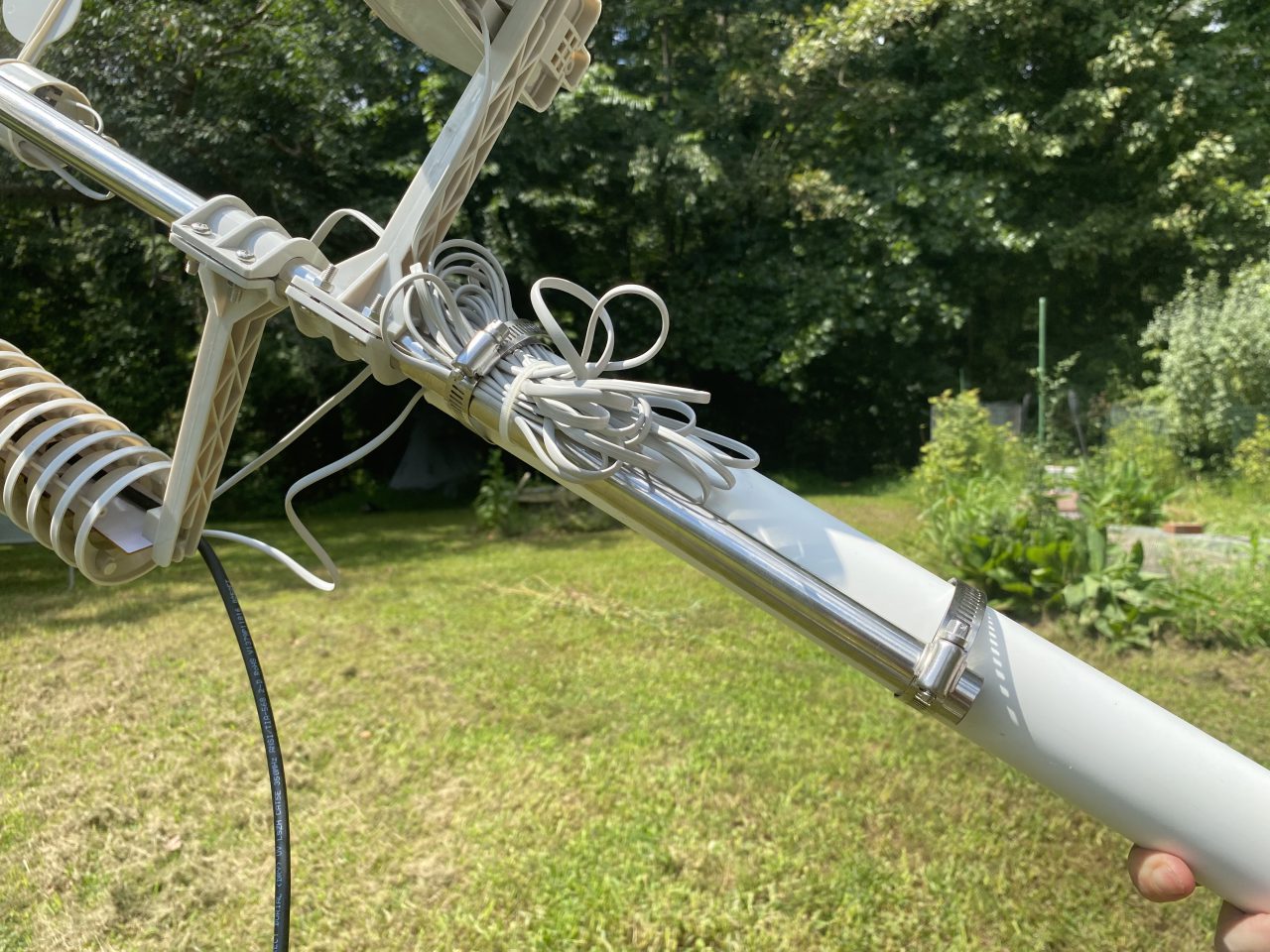 Weather instrumentation attached to PVC pipe with hose clamps